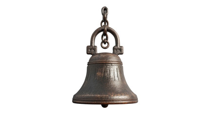 A beautifully crafted metal bell hangs from a sturdy chain, displaying ornate engravings and a weathered appearance. Perfect for adding charm to gardens or homes, it evokes a classic vibe