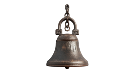 A beautifully crafted metal bell hangs from a sturdy chain, displaying ornate engravings and a weathered appearance. Perfect for adding charm to gardens or homes, it evokes a classic vibe