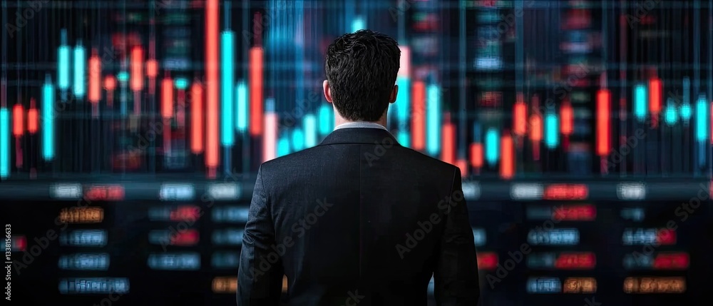 Poster a professional analyzing stock market data displayed on a digital screen, showcasing various financi