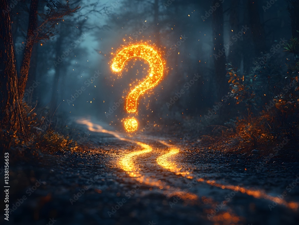 Poster glowing question mark illuminating the forked path in enchanted forest