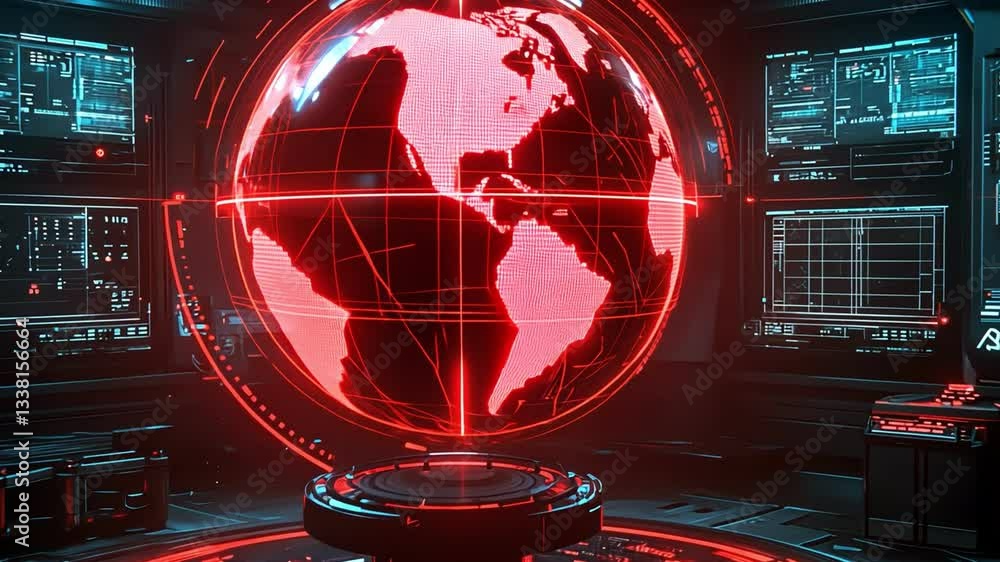 Poster futuristic control room with glowing red globe, showcasing digital map of world amidst high tech scr