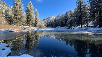 Snow covered pines reflect in a frozen mountain lake