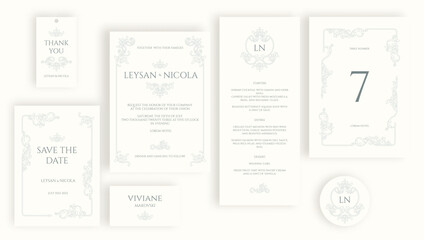 Wedding set of cards in classic style. Contour blue ornamental pattern. Place cards, wedding invitation, table number, save the date, thank you card, menu, sticker.