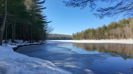 Winter wonderland scene at a frozen lake in a forest