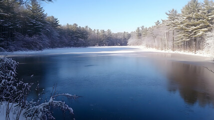 Winter wonderland serene snowy lake surrounded by trees