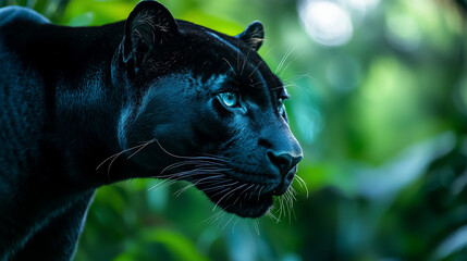 Close up of panther sleek black fur glistening under sunlight, intense blue eyes gazing forward with alertness in lush green jungle environment