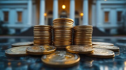 Stacks of Gold Coins in Front of a Grand Building