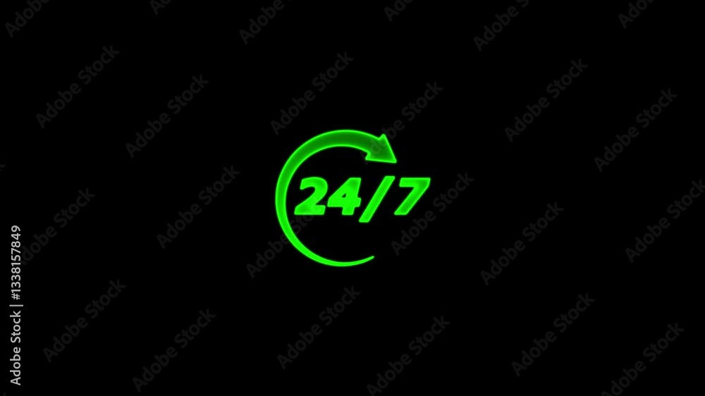 Poster open 24 7 icon with clock. open 24 7 sign.24 hour service is open 24 hours a day, 7 days a week.