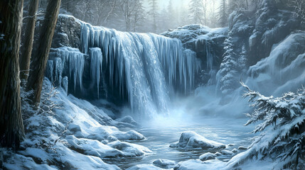 Frozen Waterfall Winter Wonderland Forest Scene