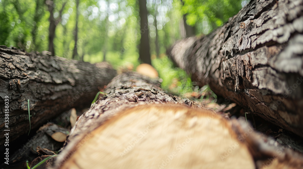 Poster fallen trees in forest close up view, selective focus on log texture, natural woodland scenery with 