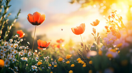 Red Poppies Bloom in Sunset Meadow Field
