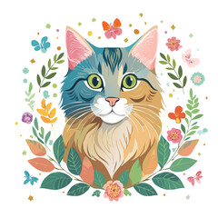 Cat portrait illustration with floral elements pet art design for home decor and apparel prints