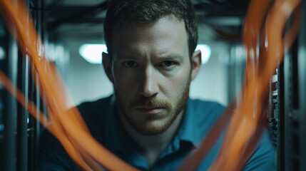 Intense focused technician inspecting network cables closely in server room, serious expression conveys determination and concentration at data center