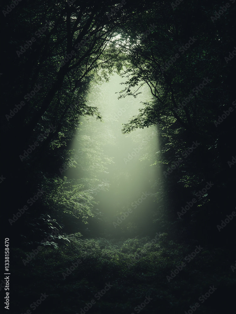 Poster mystical forest scene with sunlight rays illuminating lush greenery, creating serene, peaceful atmos