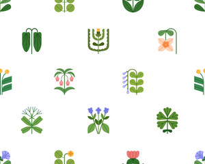 Seamless floral pattern. Flower branches, botanical background. Endless repeatable texture, repeating nature print for textile, fabric, wallpaper, wrapping paper. Colored flat vector illustration