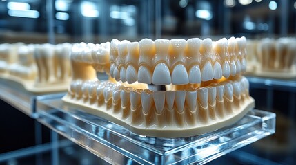 Obraz premium Close-up of a Dental Model Displaying a Full Set of Artificial Teeth