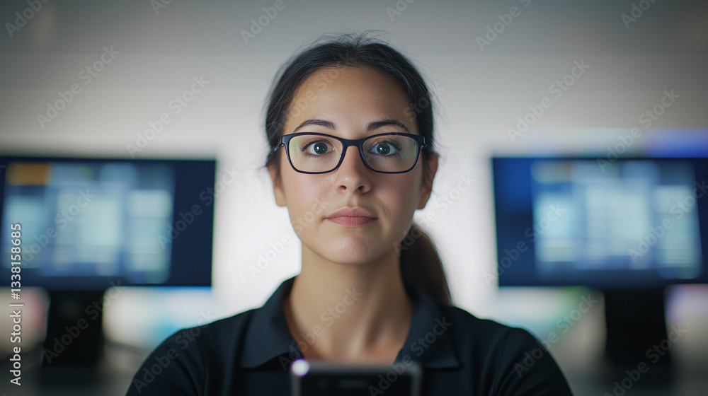 Poster focused woman holding smartphone in modern office environment with computer screens, displaying conc