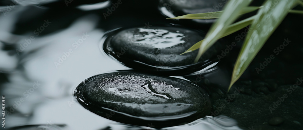 Poster Smooth black stones gently submerged in tranquil flowing water, creating serene and calming atmosphere ideal for relaxation and meditation
