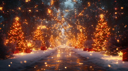 Magical Christmas Pathway Lit With Festive Trees And Gifts