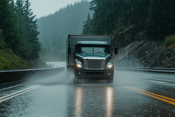 Delivery truck driving on rainy highway splashing water, misty forest background, wet road reflecting headlights, transportation concept, stormy weather