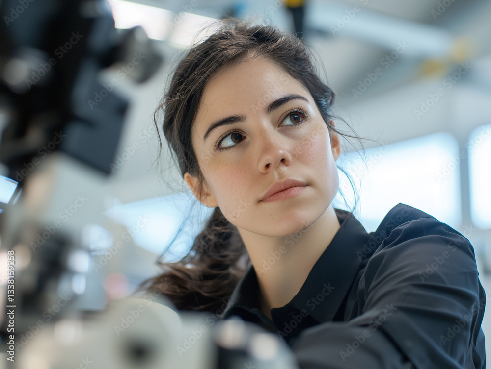 Poster low angle shot of woman working attentively in robotics laboratory, showcasing concentration and det