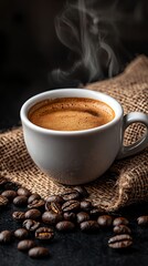 Steaming Coffee Cup with Coffee Beans and Burlap in a Dark Setting
