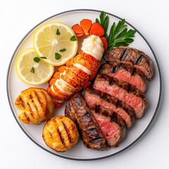 Overhead view of a gourmet platter featu grilled scallops, succulent steak slices, lobster tail, fresh lemon wedges, and a parsley garnish for presentation