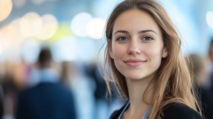Fototapeta premium confident young woman smiling warmly at professional networking event, showcasing positivity and approachability in bright, modern setting