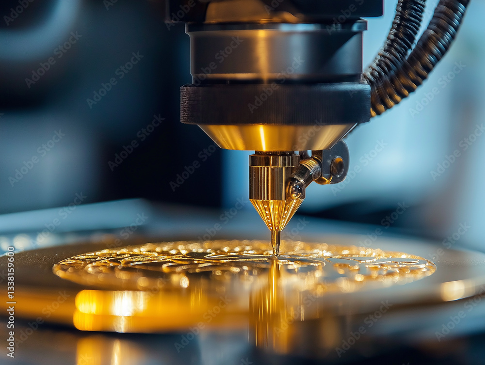 Poster AI driven robotic arm engraving golden plate precisely, showcasing advanced technology and automation in manufacturing with high accuracy details