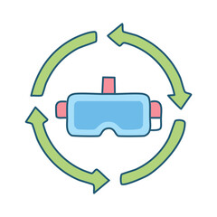Vr headset technology icon for virtual reality gaming and metaverse experience with circular arrows