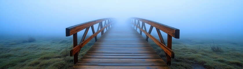 Fototapeta premium Minimalist wooden bridge extending into a foggy horizon, signifying structured pathways to success