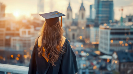 Graduation moment: Female graduate contemplates the future with cityscape backdrop, celebrating achievement