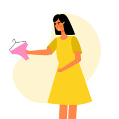 Illustration of woman choosing underwear isolated white background. Woman shops panty.