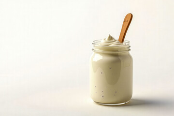 A jar of whipped cream sits on a table. The jar is half full and the cream is white. A wooden spoon is resting on top of the cream