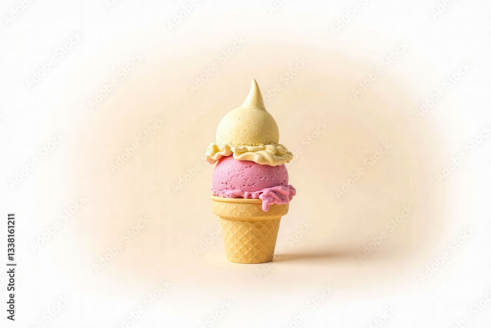 Poster a close up of a yellow and pink ice cream cone. the cone is made of plastic and is sitting on a whit