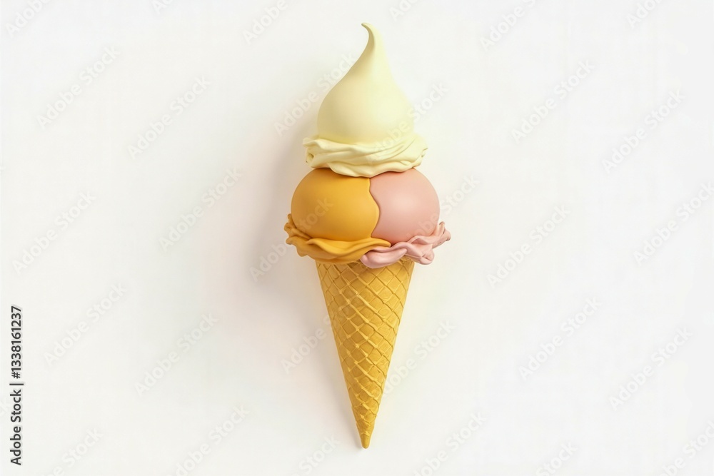 Poster a close up of a yellow and pink ice cream cone. the cone is made of plastic and is sitting on a whit