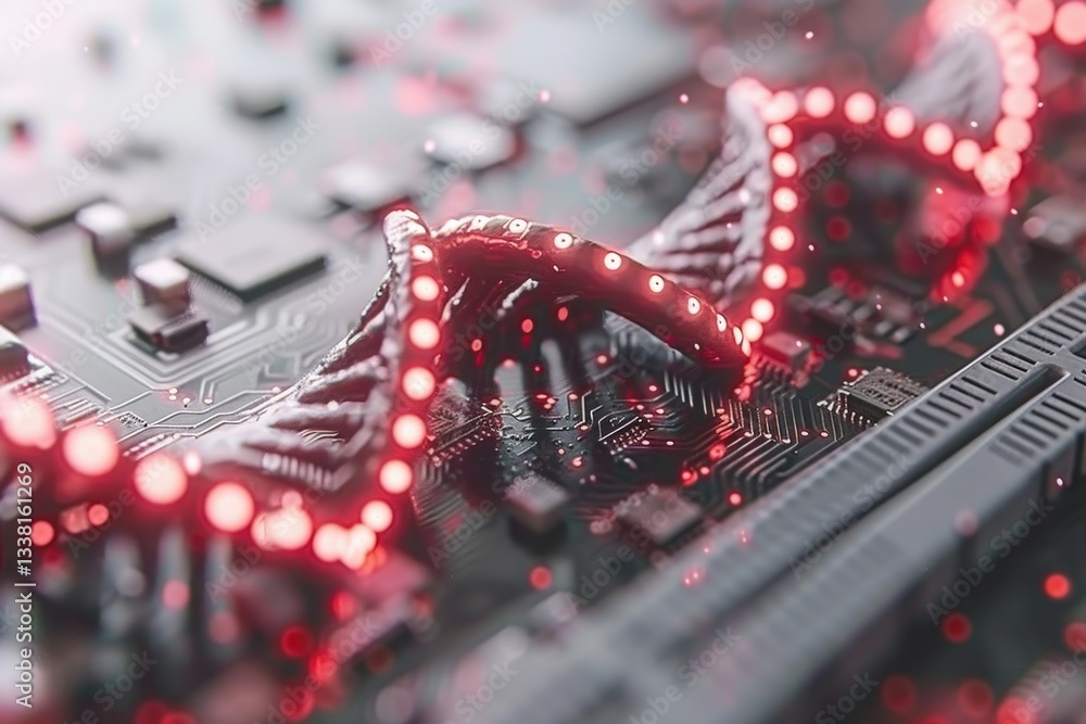 Poster a computer chip with a red dna strand on it