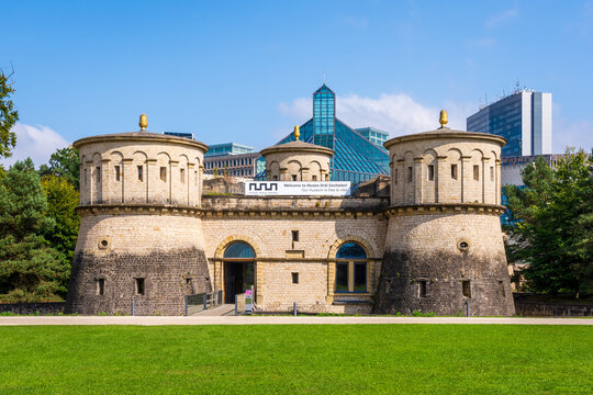 Luxembourg City, Luxembourg - Sep. 17, 2024: Entrance of the Fort Th&uuml;ngen in the Kirchberg quarter, flanked by two massive towers, built in the 1730's and home to the Dr&auml;i Eechelen museum since 2012.