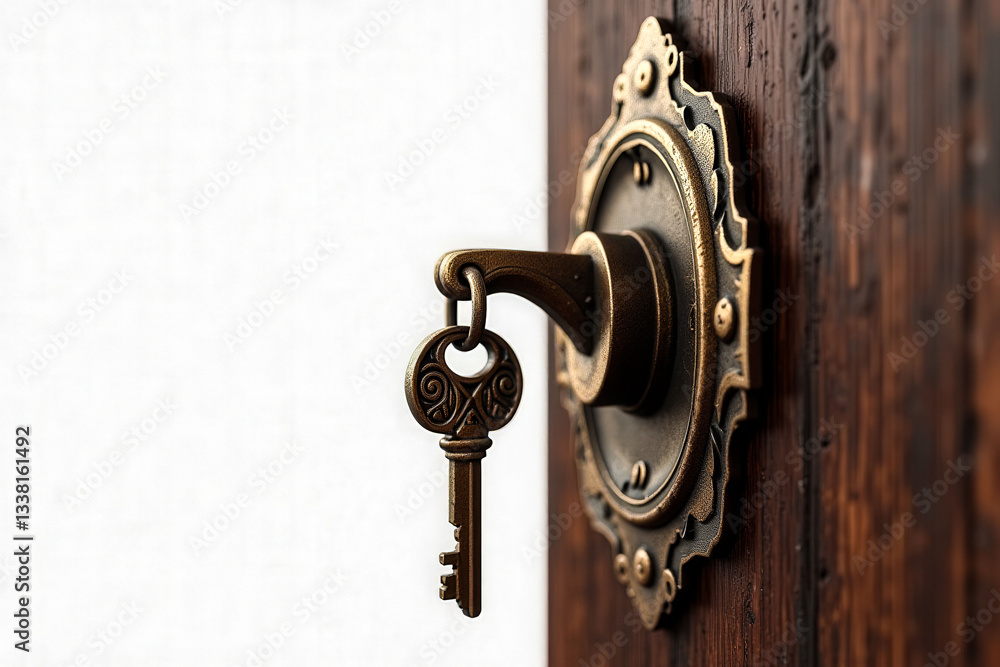 Poster a gold and brass door handle with a keyhole. the handle is ornate and has a heart shape on it