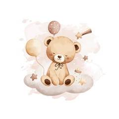 Watercolor Illustration Sleepy Baby Bear Sits on Cloud with Balloons and Stars