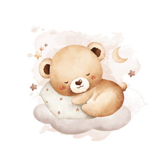 Watercolor Illustration Sleepy Baby Bear Holding Pillow Sits on Cloud with Moon and Stars