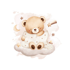 Watercolor Illustration Sleepy Baby Bear Sits on Cloud with Moon and Stars