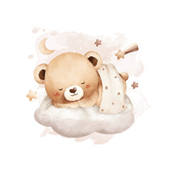 Watercolor Illustration Sleepy Baby Bear Wears Blanket Sleeps on Cloud with Moon and Stars