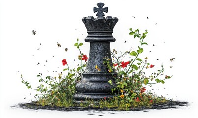 Stone chess queen in wildflowers on white background, strategy concept