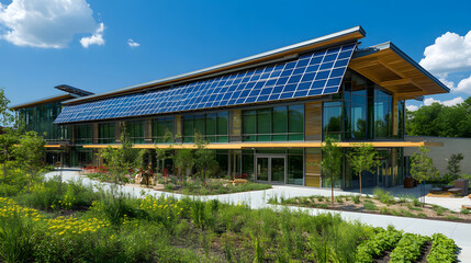 A green, sustainable cultural building featuring solar panels, energy-efficient technologies, and interactive design elements to engage the community.