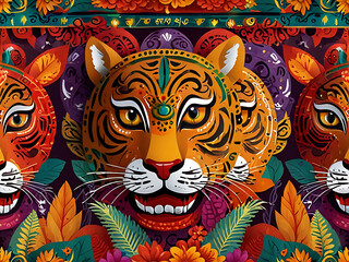 Obraz premium illustration of Bengali New Year Pohela Boishakh paper tiger mask for East Indian