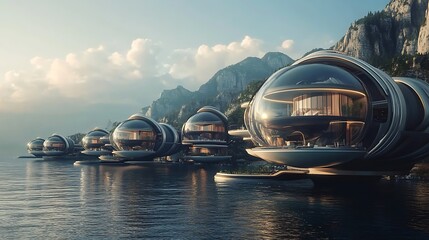 Obraz premium Serene water sunset futuristic floating architecture design high resolution picture