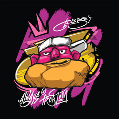 A vibrant and colorful graffiti-style vector illustration featuring a street art character