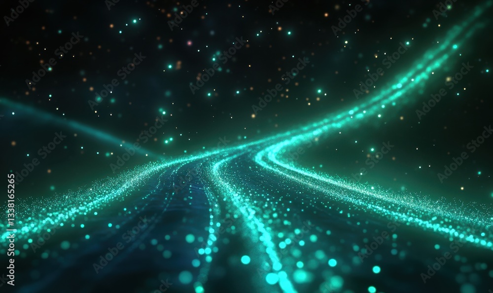 Poster glowing particle trails curve through dark space, ideal for digital art