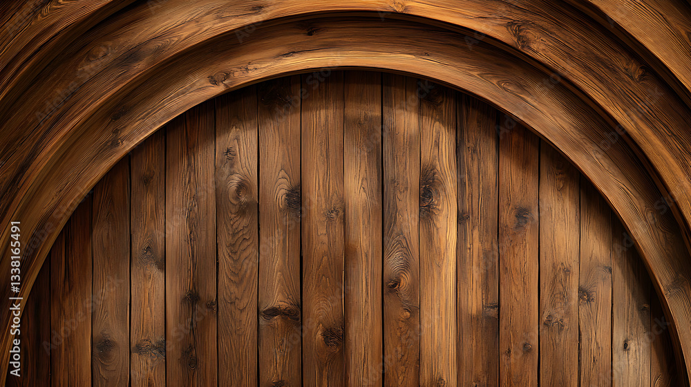 Poster a close-up view of wooden planks and arches, showcasing rich textures and tones in a rustic style